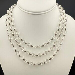 Vintage Three-Strand Clear Faceted Bead Necklace With‎ Metal Chain & Clasp